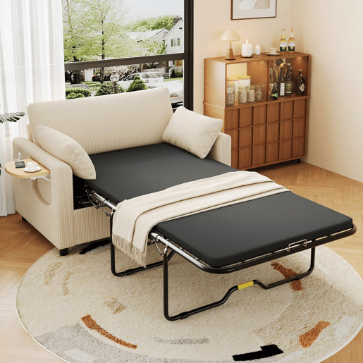 Sofá-cama de 2 lugares - com função de cama, porta USB, mesa lateral dobrável, colchão, roupa de cama e almofadas - bege