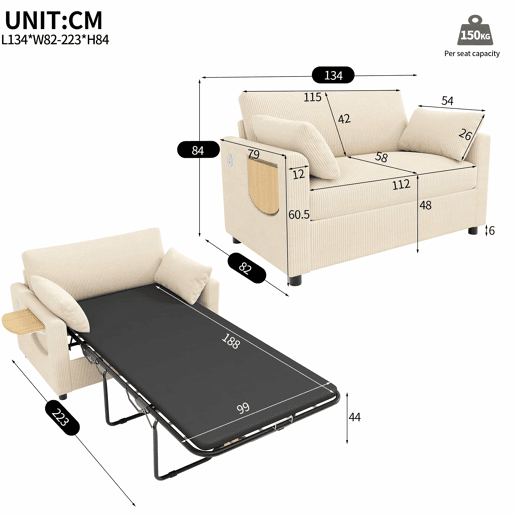 Sofá-cama de 2 lugares - com função de cama, porta USB, mesa lateral dobrável, colchão, roupa de cama e almofadas - bege