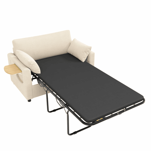 Sofá-cama de 2 lugares - com função de cama, porta USB, mesa lateral dobrável, colchão, roupa de cama e almofadas - bege