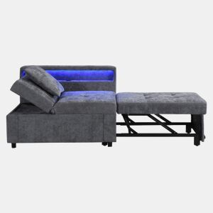 Sofá-cama 3 em 1 - Sofá de linho com encosto ajustável, braços com luz LED e portas USB - Cinza claro
