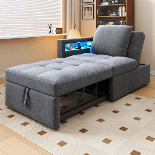 Sofá-cama 3 em 1 - Sofá de linho com encosto ajustável, braços com luz LED e portas USB - Cinza claro