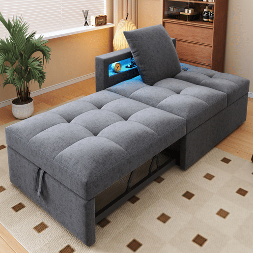 Sofá-cama 3 em 1 - Sofá de linho com encosto ajustável, braços com luz LED e portas USB - Cinza claro