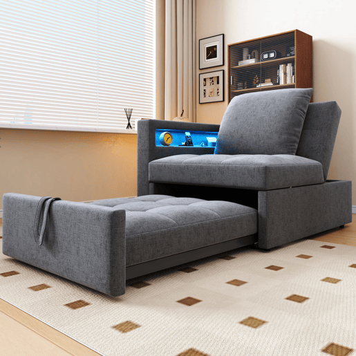 Sofá-cama 3 em 1 - Sofá de linho com encosto ajustável, braços com luz LED e portas USB - Cinza claro