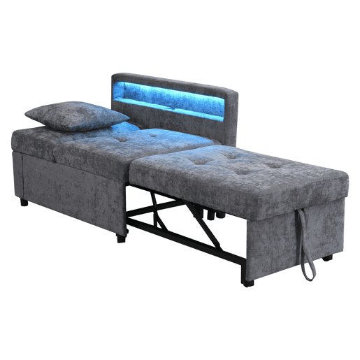 Sofá-cama 3 em 1 - Sofá de linho com encosto ajustável, braços com luz LED e portas USB - Cinza claro
