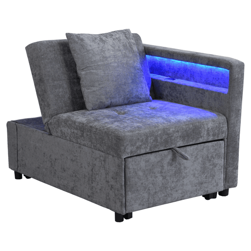Sofá-cama 3 em 1 - Sofá de linho com encosto ajustável, braços com luz LED e portas USB - Cinza claro