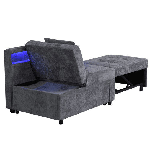 Sofá-cama 3 em 1 - Sofá de linho com encosto ajustável, braços com luz LED e portas USB - Cinza claro