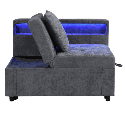 Sofá-cama 3 em 1 - Sofá de linho com encosto ajustável, braços com luz LED e portas USB - Cinza claro