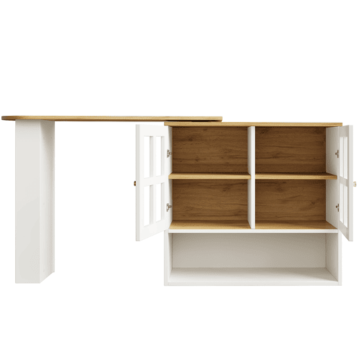 Mesa de bar giratória 360° - design simples e moderno, multifuncional, com prateleira para lanches, 5 superfícies de armazenamento, armário com prateleiras e vidro - Branco