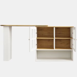 Mesa de bar giratória 360° - design simples e moderno, multifuncional, com prateleira para lanches, 5 superfícies de armazenamento, armário com prateleiras e vidro - Branco