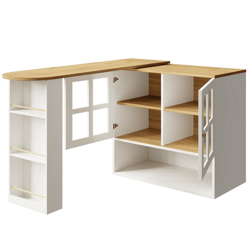 Mesa de bar giratória 360° - design simples e moderno, multifuncional, com prateleira para lanches, 5 superfícies de armazenamento, armário com prateleiras e vidro - Branco