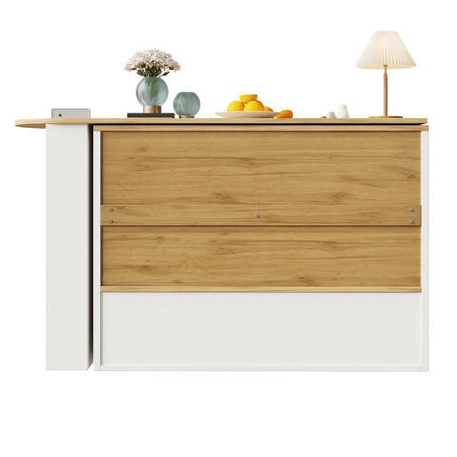Mesa de bar giratória 360° - design simples e moderno, multifuncional, com prateleira para lanches, 5 superfícies de armazenamento, armário com prateleiras e vidro - Branco