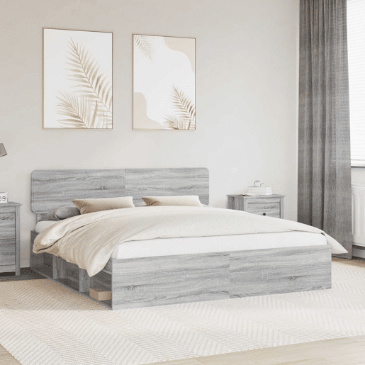 Estrutura de cama de casal king size com cabeceira - Cinza Sonoma 200 x 200 cm