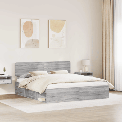 Estrutura de cama de casal king size com cabeceira - Cinza Sonoma 200 x 200 cm