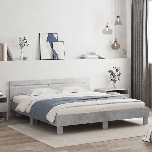 Estrutura de cama de casal cabeceira e luzes LED - 160x200cm cinzento cimento