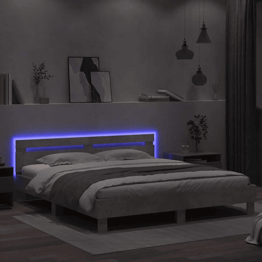 Estrutura de cama de casal cabeceira e luzes LED - 160x200cm cinzento cimento
