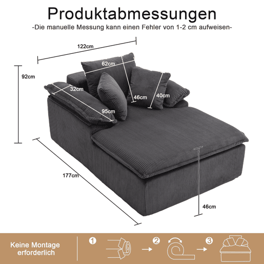 Sofá reclinável 46 cm - design interior, sem estrutura, braços largos, cinzento