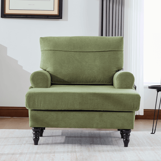Poltrona individual em chenille - encosto e braços confortáveis, bolsos laterais - Verde Oliva