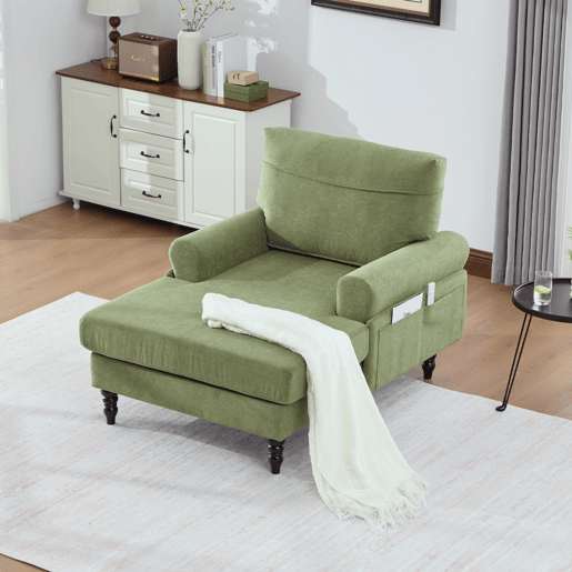 Poltrona individual em chenille - encosto e braços confortáveis, bolsos laterais - Verde Oliva