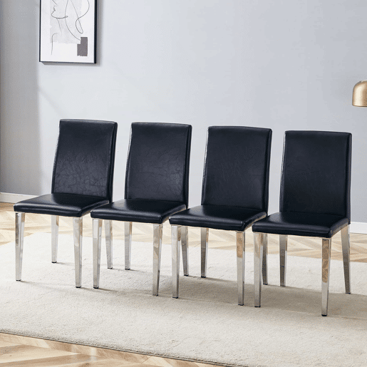 Cadeiras de sala de jantar, 4 unidades - design minimalista de luxo europeu leve, assento em pele sintética preta e pernas metálicas prateadas - preto e prateado