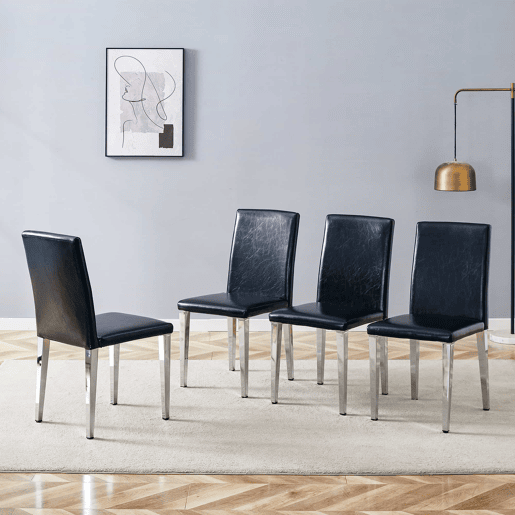 Cadeiras de sala de jantar, 4 unidades - design minimalista de luxo europeu leve, assento em pele sintética preta e pernas metálicas prateadas - preto e prateado
