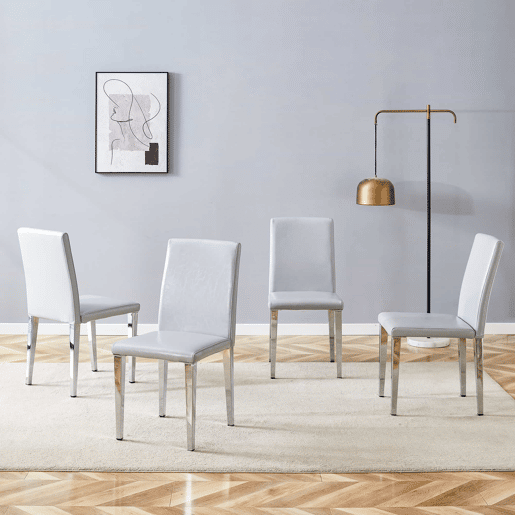 Cadeiras de sala de jantar, 4 unidades - design minimalista europeu, estofadas em PU cinza claro texturizado e pernas metálicas prateadas - Cinza Claro e Prata