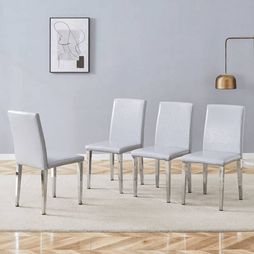 Cadeiras de sala de jantar, 4 unidades - design minimalista europeu, estofadas em PU cinza claro texturizado e pernas metálicas prateadas - Cinza Claro e Prata