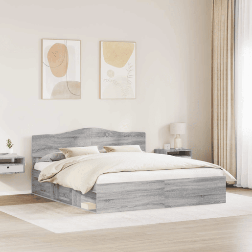 Estrutura de cama de casal king size com cabeceira - Cinza Sonoma 200 x 200 cm