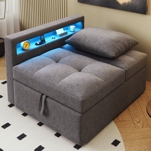 Sofá-cama 3 em 1 - Sofá de linho com encosto ajustável, braços com LED e portas USBC - Cinza escuro