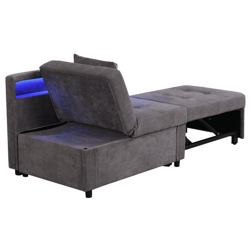 Sofá-cama 3 em 1 - Sofá de linho com encosto ajustável, braços com LED e portas USBC - Cinza escuro