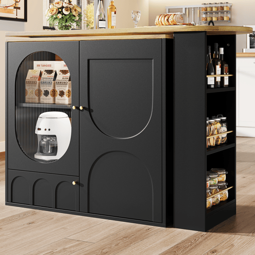 Mesa de bar giratória 138x39x102 cm - Móvel de cozinha com arrumação, ilha de cozinha, três portas, prateleiras, divisórias removíveis - Preto
