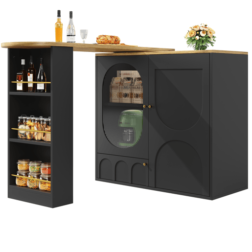 Mesa de bar giratória 138x39x102 cm - Móvel de cozinha com arrumação, ilha de cozinha, três portas, prateleiras, divisórias removíveis - Preto