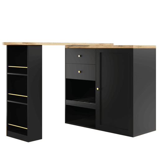 Mesa de bar giratória 105x39x102 cm - 2 gavetas, armário com porta deslizante, 3 níveis de armazenamento aberto - Preto