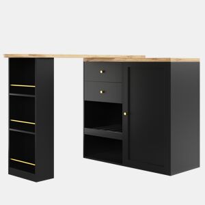 Mesa de bar giratória 105x39x102 cm - 2 gavetas, armário com porta deslizante, 3 níveis de armazenamento aberto - Preto