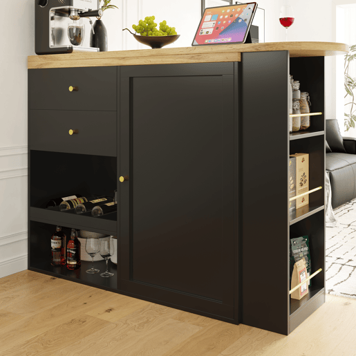 Mesa de bar giratória 105x39x102 cm - 2 gavetas, armário com porta deslizante, 3 níveis de armazenamento aberto - Preto
