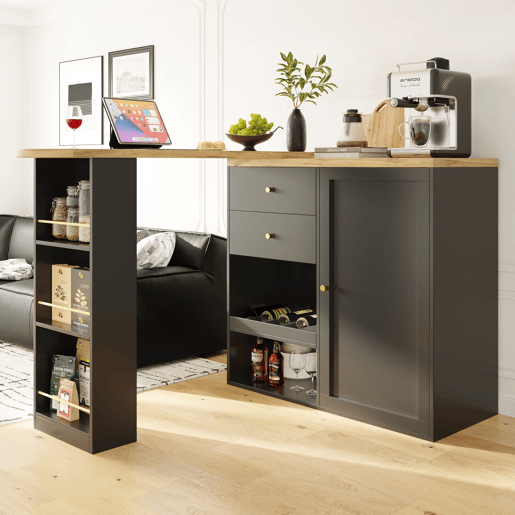 Mesa de bar giratória 105x39x102 cm - 2 gavetas, armário com porta deslizante, 3 níveis de armazenamento aberto - Preto