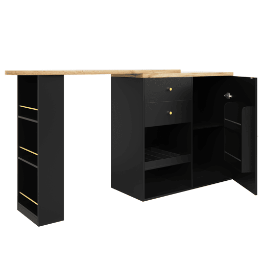 Mesa de bar giratória 105x39x102 cm - 2 gavetas, armário com porta deslizante, 3 níveis de armazenamento aberto - Preto