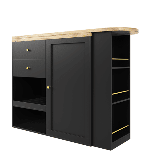 Mesa de bar giratória 105x39x102 cm - 2 gavetas, armário com porta deslizante, 3 níveis de armazenamento aberto - Preto