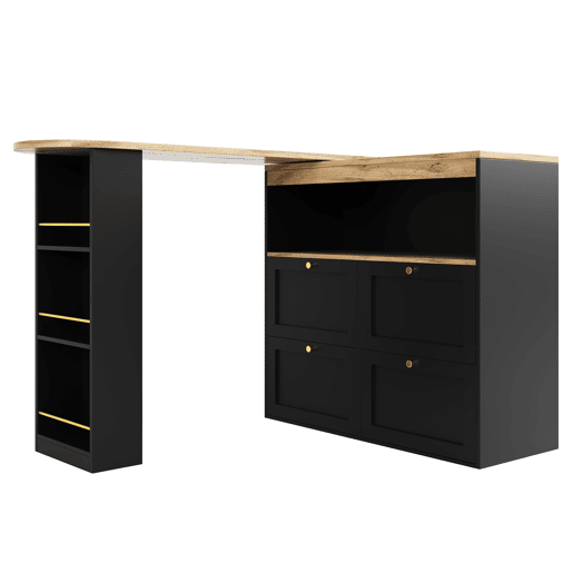 Mesa de bar giratória 360° - 105x39x102 cm - com 4 gavetas e prateleiras abertas - Preto