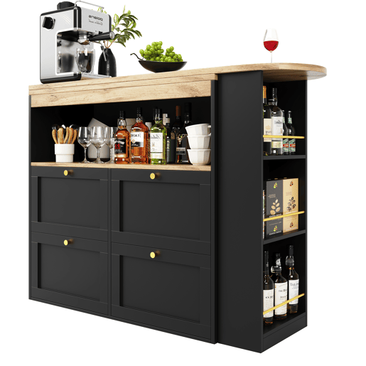 Mesa de bar giratória 360° - 105x39x102 cm - com 4 gavetas e prateleiras abertas - Preto