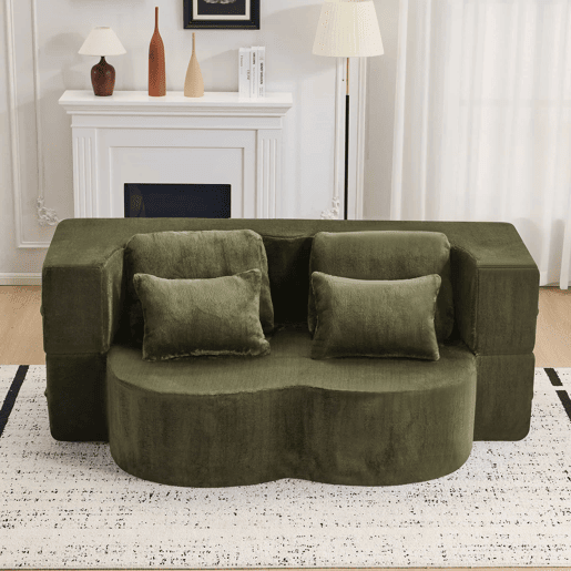 Sofá-cama de 2 lugares - moderno, com 4 almofadas, colchão dobrável de espuma de alta densidade - verde