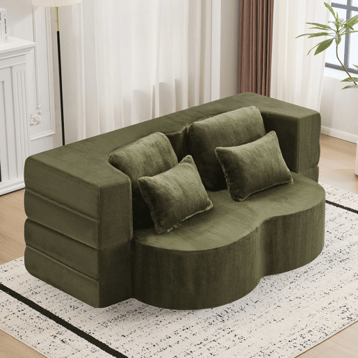Sofá-cama de 2 lugares - moderno, com 4 almofadas, colchão dobrável de espuma de alta densidade - verde