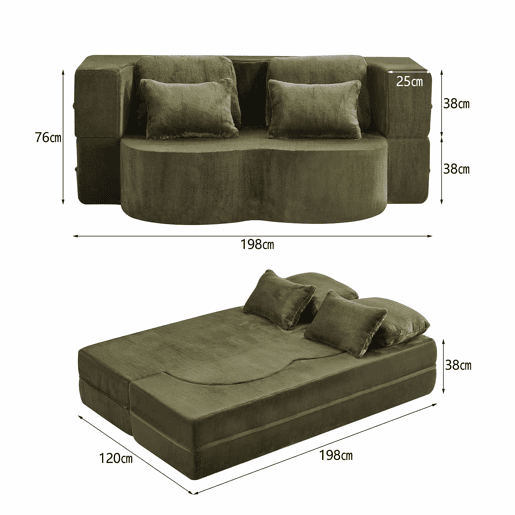 Sofá-cama de 2 lugares - moderno, com 4 almofadas, colchão dobrável de espuma de alta densidade - verde