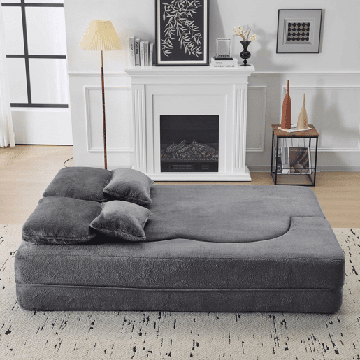 Sofá-cama de chão de 2 lugares - moderno, confortável, com 4 almofadas e colchão de espuma de alta densidade - azul acinzentado