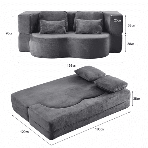 Sofá-cama de chão de 2 lugares - moderno, confortável, com 4 almofadas e colchão de espuma de alta densidade - azul acinzentado