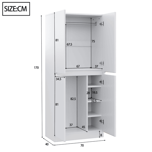 Armário roupeiro 70x40x170 cm - Porta dupla com pequeno compartimento de arrumação - Branco Armário roupeiro 70x40x170 cm - Porta dupla com pequeno compartimento de arrumação - Branco