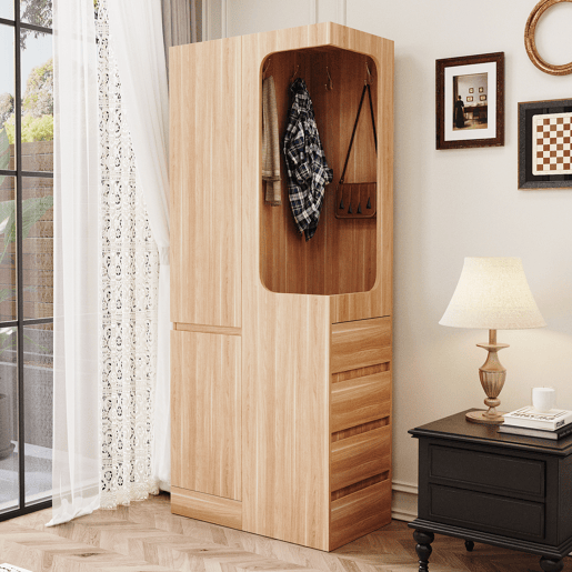 Armário 70x40x170 cm - 1 porta com gavetas e espaço aberto para roupa - Madeira Natural