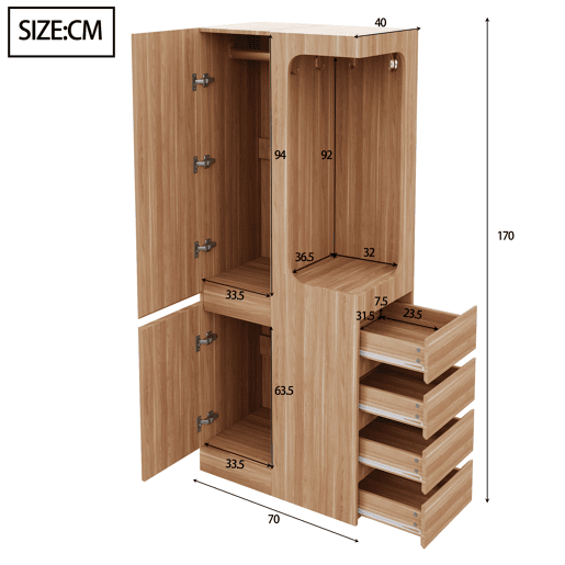 Armário 70x40x170 cm - 1 porta com gavetas e espaço aberto para roupa - Madeira Natural
