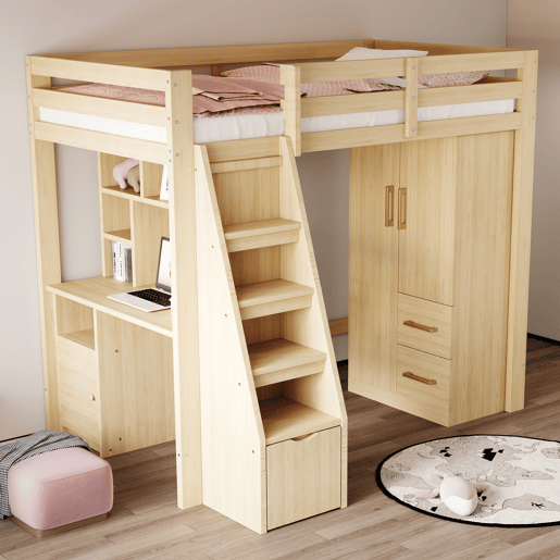 Armário infantil 70x40x135 cm - Porta dupla com gavetas e arrumação - Madeira natural