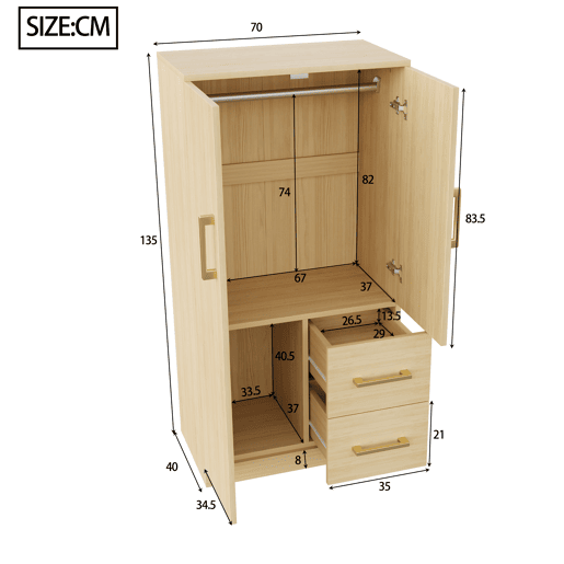 Armário infantil 70x40x135 cm - Porta dupla com gavetas e arrumação - Madeira natural