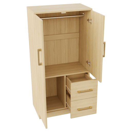 Armário infantil 70x40x135 cm - Porta dupla com gavetas e arrumação - Madeira natural